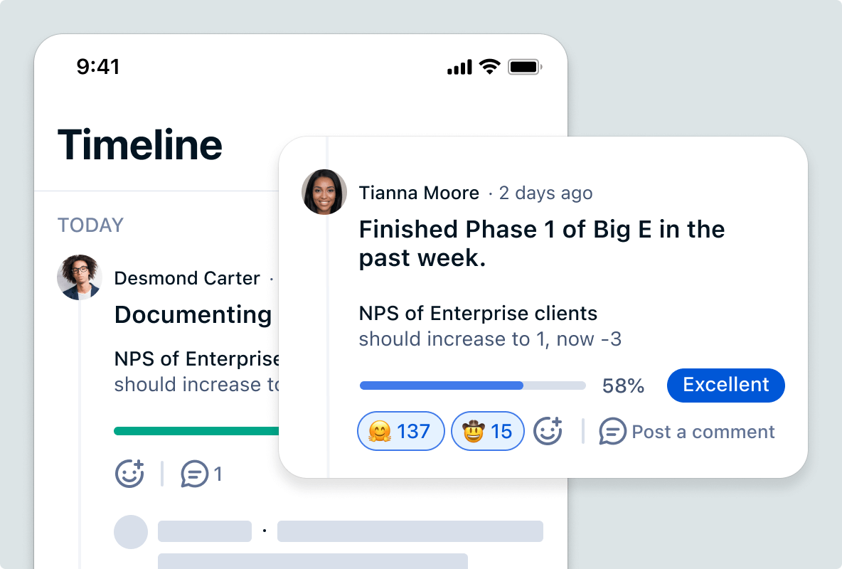 Notifications and timeline in Quantive's mobile app