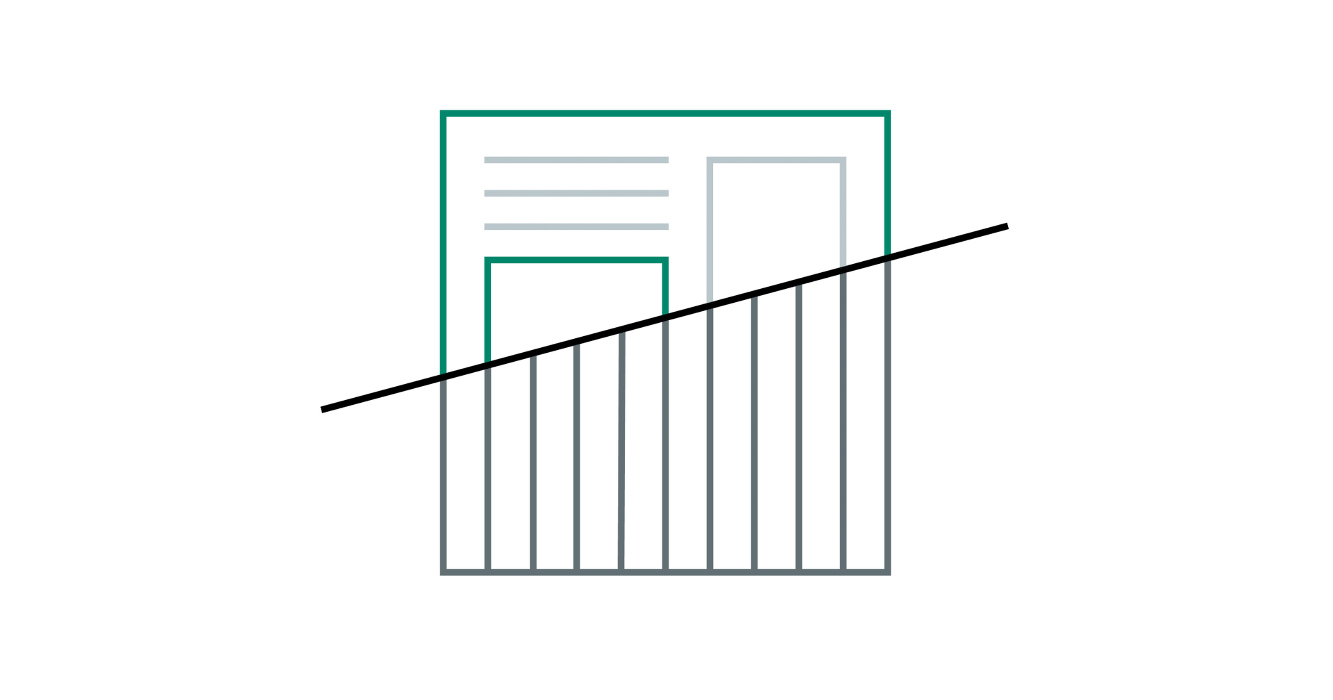 A transparent newsletter/newspaper style outline minimal icon, cut in half by a vertical bar chart