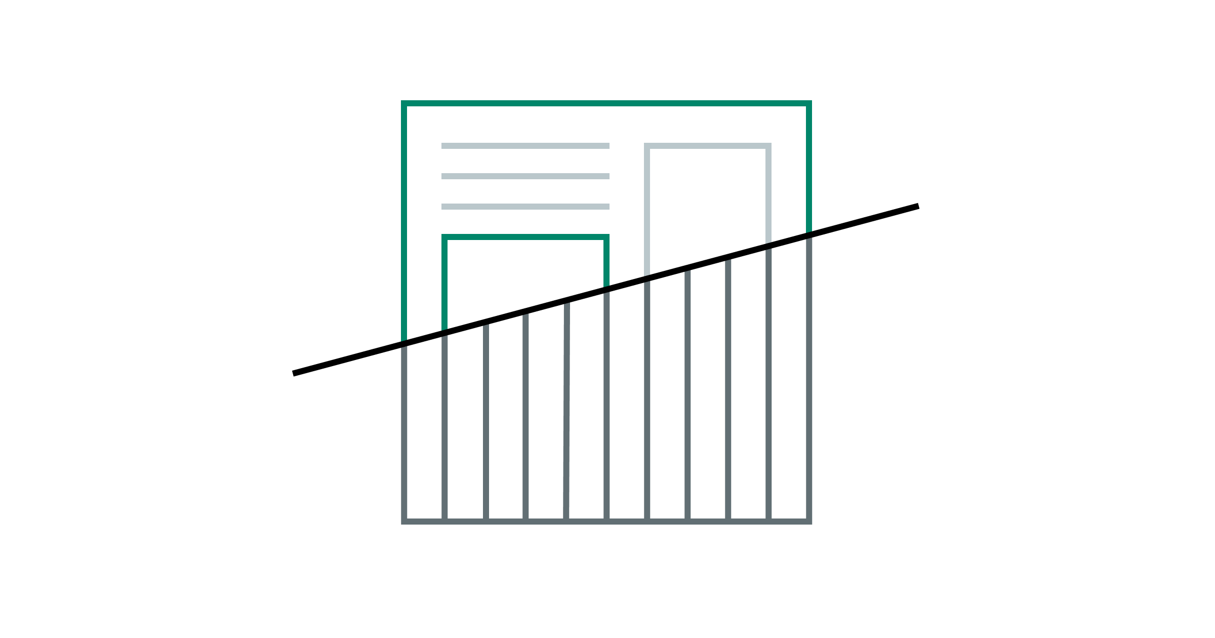 A newsletter/newspaper style outline minimal icon, cut in half by a vertical bar chart