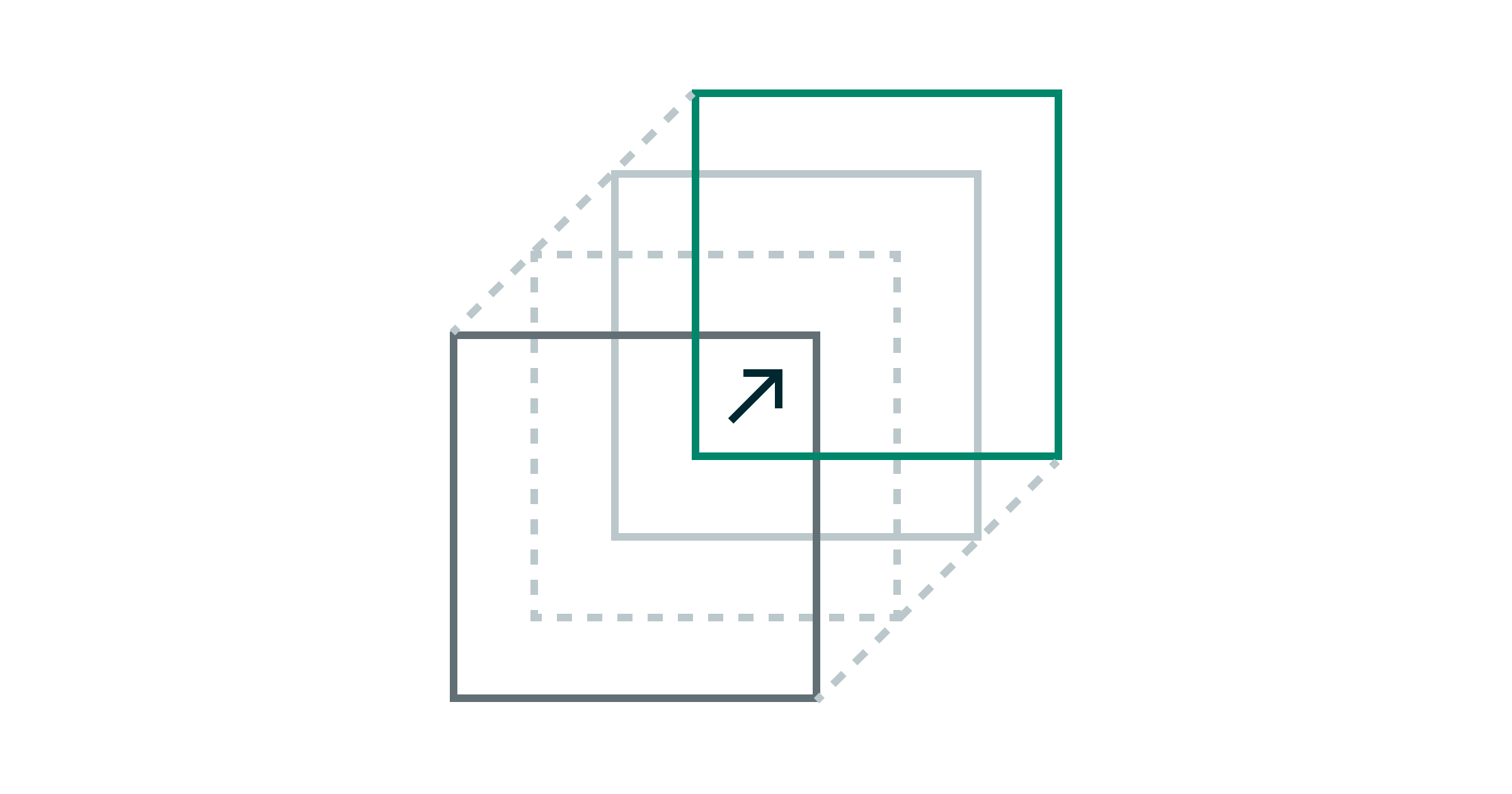 A transparent illustration of four sequential squares moving in a top right manner, overlapped, with an arrow in the middle to designate "business strategy"