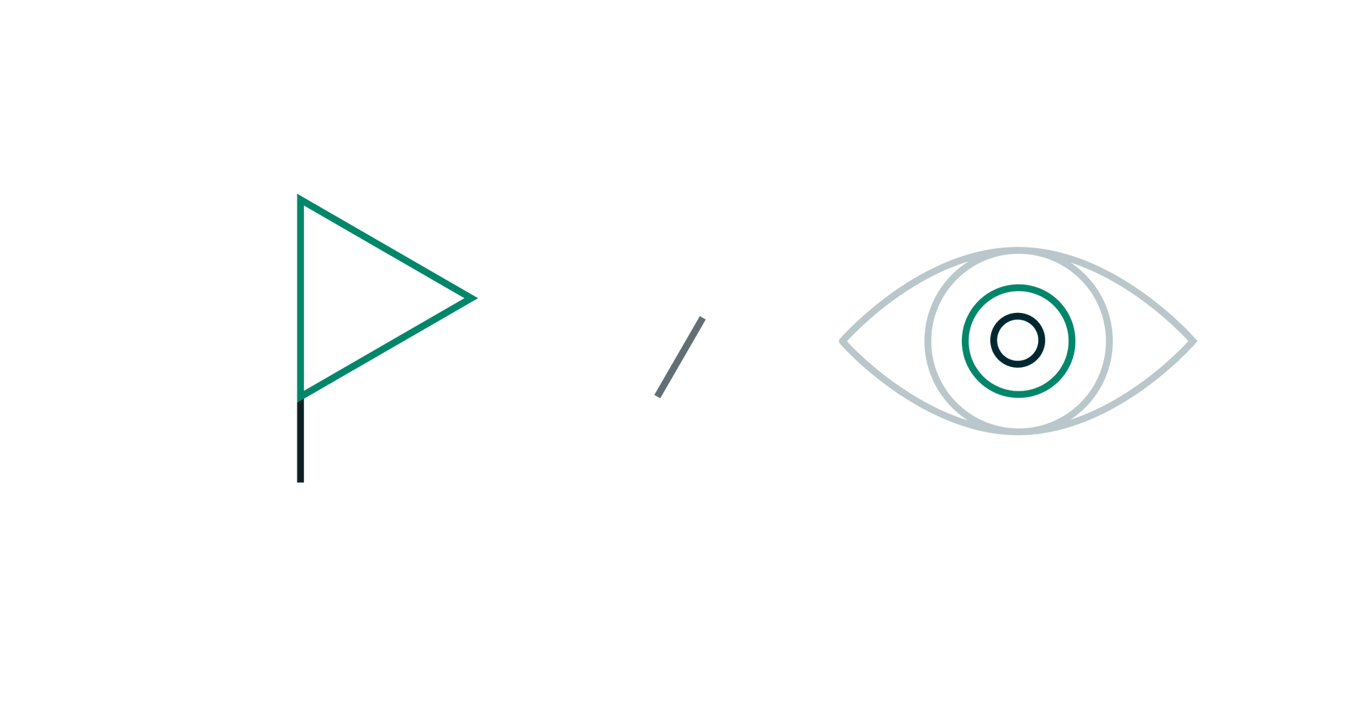 A green flag with hollow filling placed to the left of an outline of an eye, with the iris also outlined in green, to signal mission vs. vision